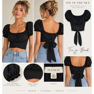 Pie in the Sky Black Puff Sleeve Back Bow Crop Top XS